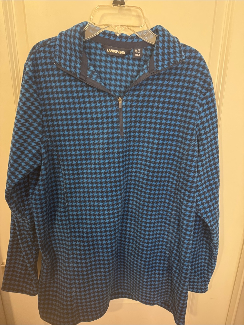 Lands' End Blue and Black Houndstooth V-Neck Sweater